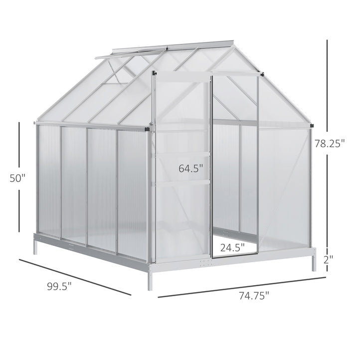 8' x 6' Aluminum Greenhouse Polycarbonate Walk-in Garden Greenhouse Kit with Adjustable Roof Vent, Rain Gutter and Sliding Door for Winter