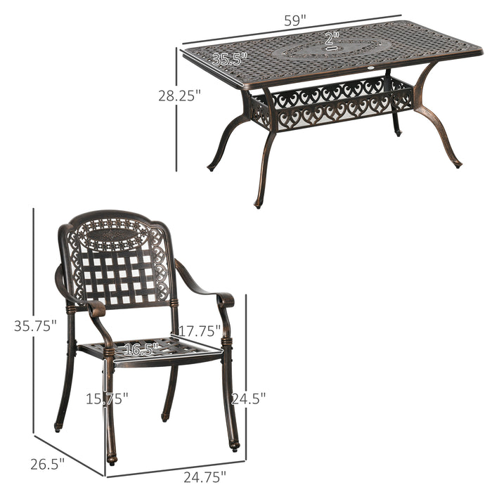 7-Piece Patio Dining Set, Cast Aluminum Outdoor Furniture Set with 6 Armchairs, 1 Table and Umbrella Hole, Bronze