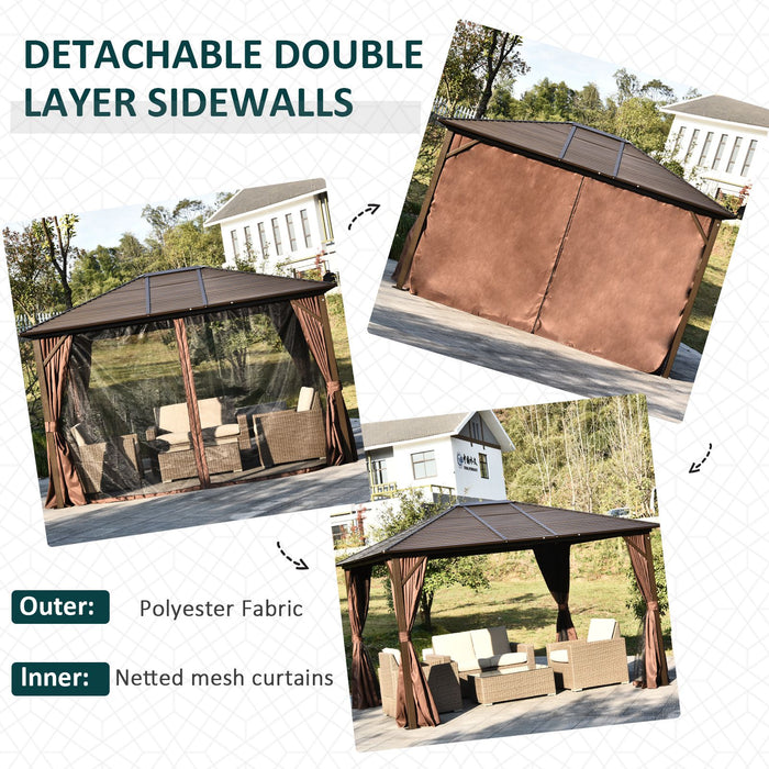 Outsunny Permanent Metal Retreat: 10'x12' Hardtop Gazebo with Netting Curtains, Brown Roof Canopy for Gardens