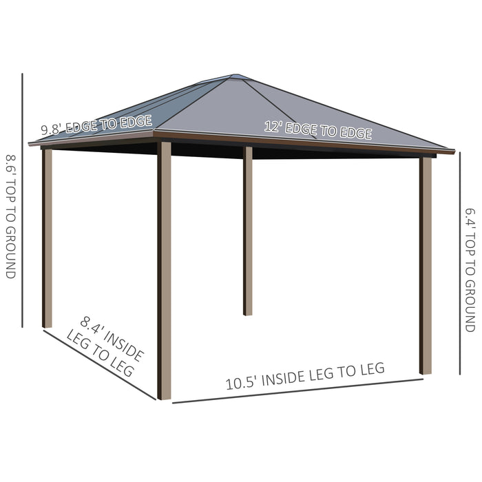 Outsunny Permanent Metal Retreat: 10'x12' Hardtop Gazebo with Netting Curtains, Brown Roof Canopy for Gardens