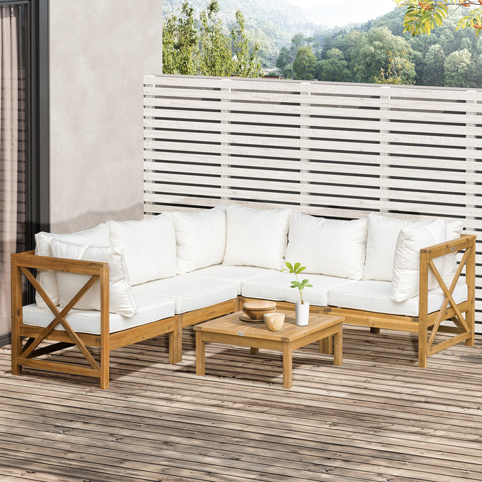 6-Piece Wooden Patio Sofa Sectional Set with Modular Design, Coffee Table, & 8 Pillows Included, Cream White