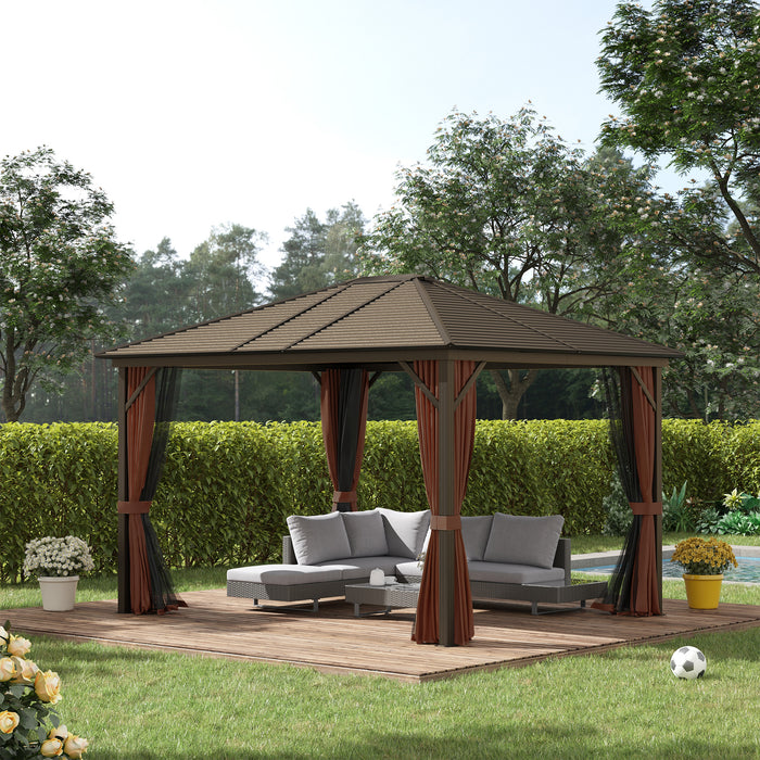 Outsunny Permanent Metal Retreat: 10'x12' Hardtop Gazebo with Netting Curtains, Brown Roof Canopy for Gardens