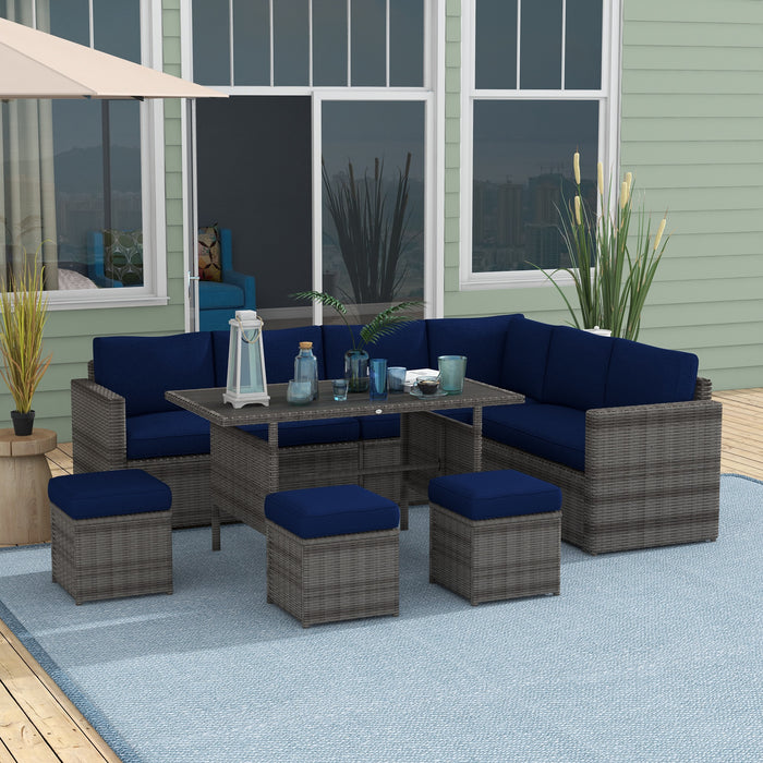 7-Piece Rattan Patio Set L-Shaped Sectional Sofa Outdoor with Cushions Storage Dark Blue