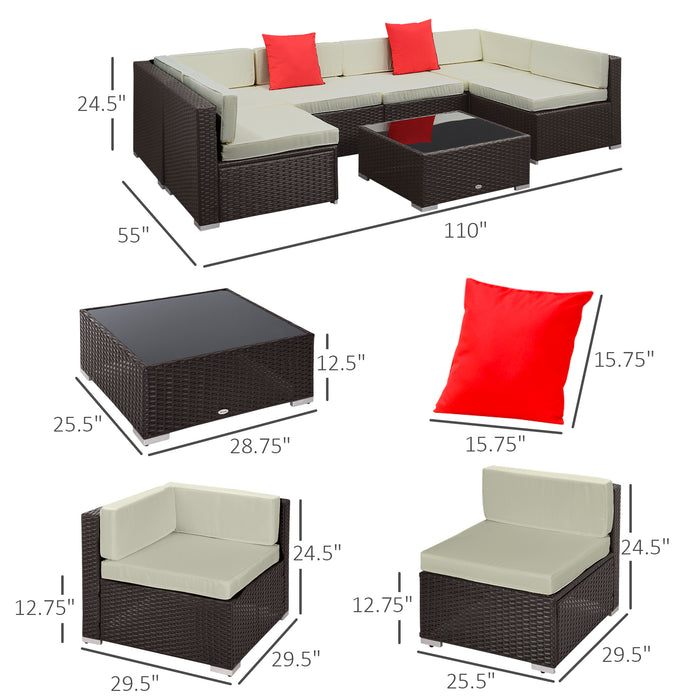 7 Piece Outdoor Patio Furniture Set Rattan Sectional Sofa with White Cushions for Backyard Garden