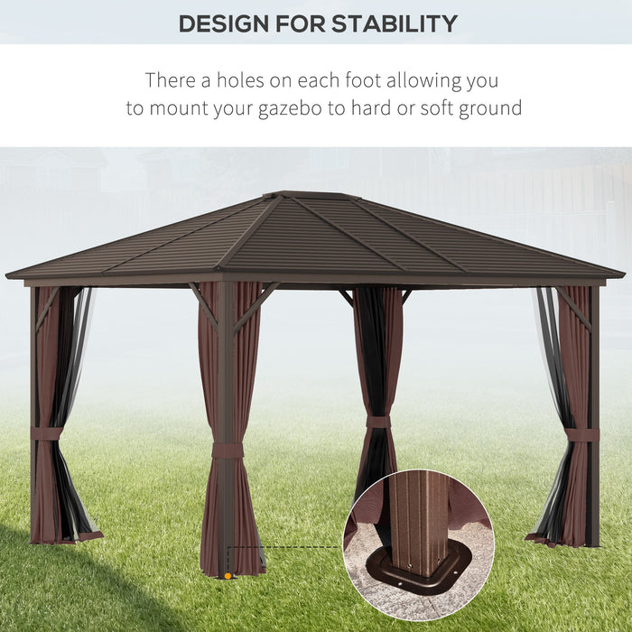 Outsunny Permanent Metal Retreat: 10'x12' Hardtop Gazebo with Netting Curtains, Brown Roof Canopy for Gardens
