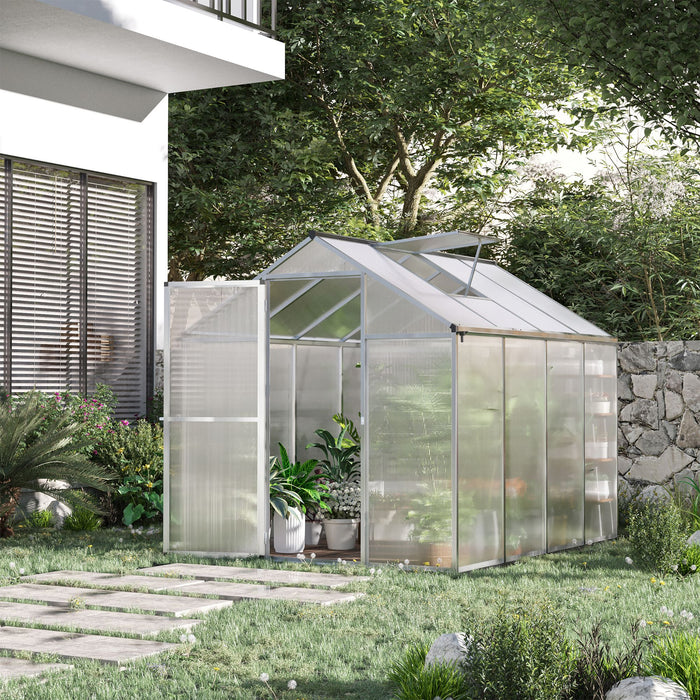 8' L x 6' W Walk-In Polycarbonate Greenhouse with Roof Vent for Ventilation & Rain Gutter, Hobby Greenhouse for Winter