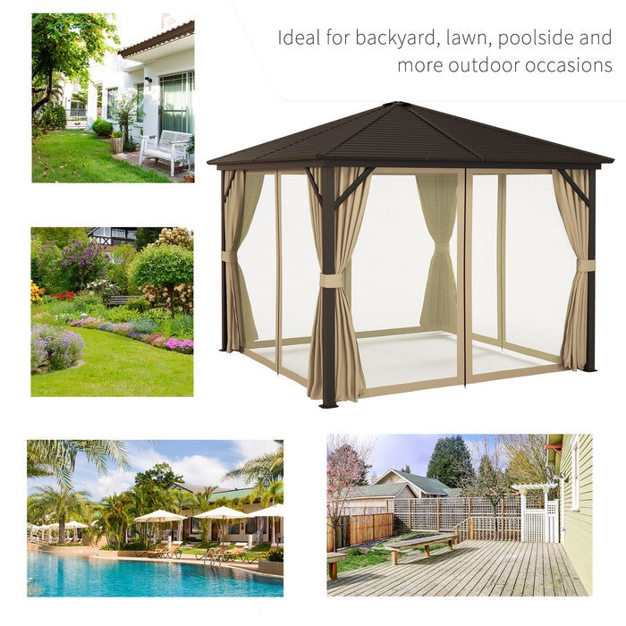 10' x 10' Hardtop Gazebo Canopy w/ Galvanized Steel Roof, Aluminum Frame, Outdoor Gazebo w/ Hook, Netting & Curtains for Patio, Garden, Brown
