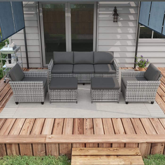 5PC Outdoor Rattan Furniture Set Three-Seater Sofa Armchairs Footstools Cushions Stylish Mixed Gray
