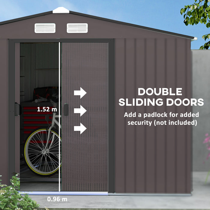 Outsunny Outdoor Storage Shed 11x9 with Foundation Sliding Doors Vents Brown for Backyard Patio