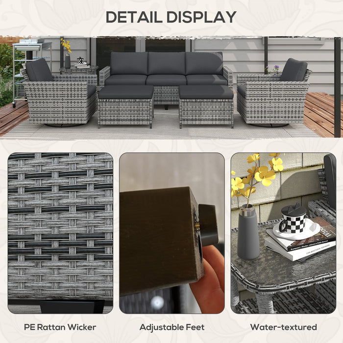Outsunny Wicker Wonder - 6PC Outdoor Ensemble with Cozy Sofa, Swivel Rockers & Ottomans in Mixed Gray
