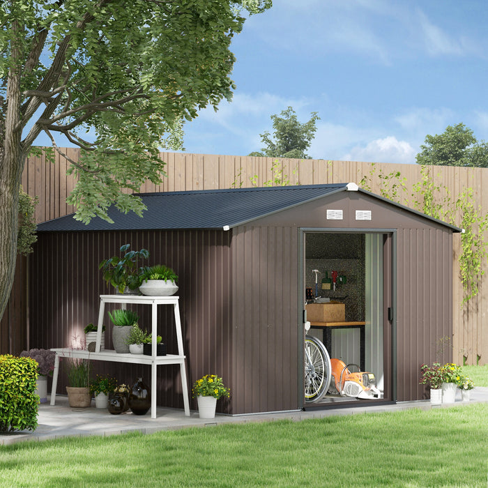 Outsunny Outdoor Storage Shed 11x9 with Foundation Sliding Doors Vents Brown for Backyard Patio