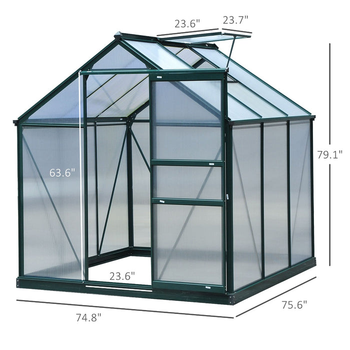 Outsunny Walk In Greenhouse 6' X 6' X 7' Aluminum Polycarbonate Portable Garden Greenhouse With Rooftop Vent & UV-Resistant Walls Dark Green