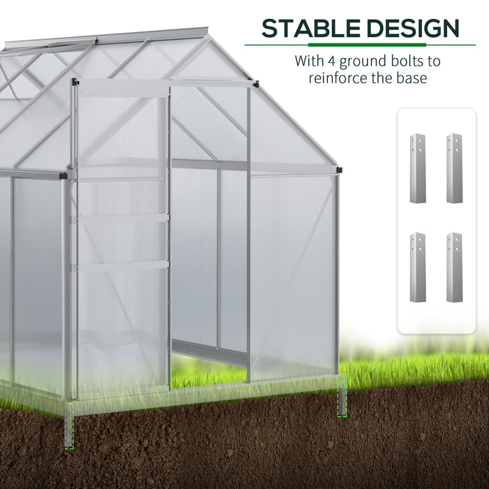 8' x 6' Aluminum Greenhouse Polycarbonate Walk-in Garden Greenhouse Kit with Adjustable Roof Vent, Rain Gutter and Sliding Door for Winter