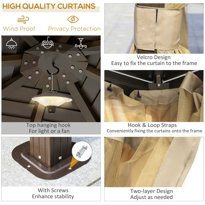 10' x 10' Hardtop Gazebo Canopy w/ Galvanized Steel Roof, Aluminum Frame, Outdoor Gazebo w/ Hook, Netting & Curtains for Patio, Garden, Brown