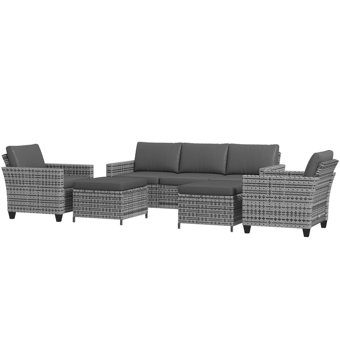 5PC Outdoor Rattan Furniture Set Three-Seater Sofa Armchairs Footstools Cushions Stylish Mixed Gray