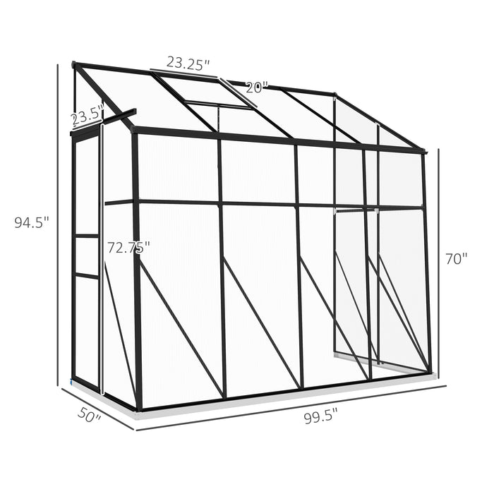 8' x 4' Walk-in Polycarbonate Greenhouse Lean-to Aluminum Green House with Rain Gutter and Foundation, Black