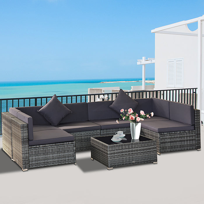 7-Piece Outdoor Wicker Patio Furniture Set with Gray Cushions