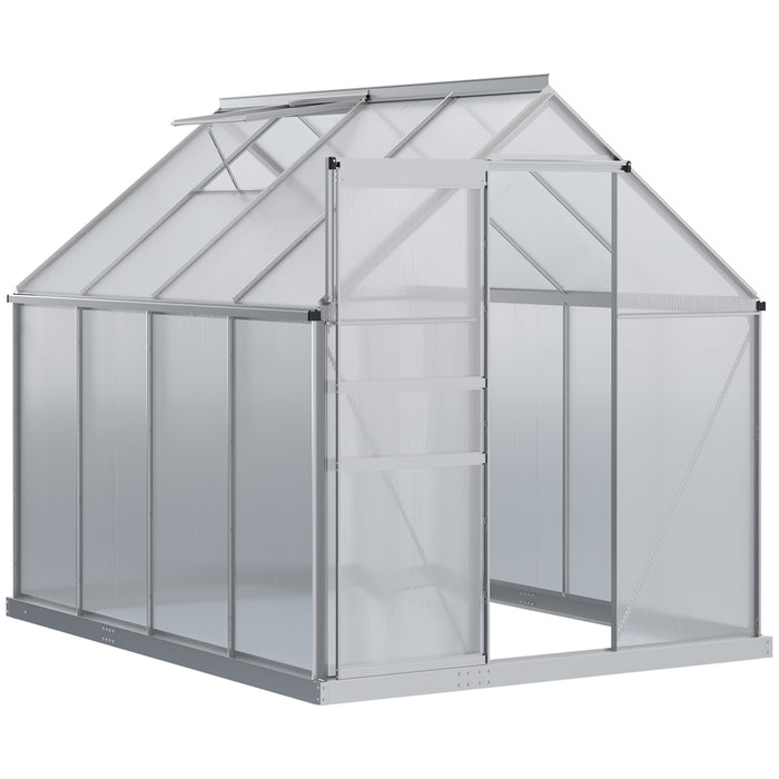 8' x 6' Aluminum Greenhouse Polycarbonate Walk-in Garden Greenhouse Kit with Adjustable Roof Vent, Rain Gutter and Sliding Door for Winter