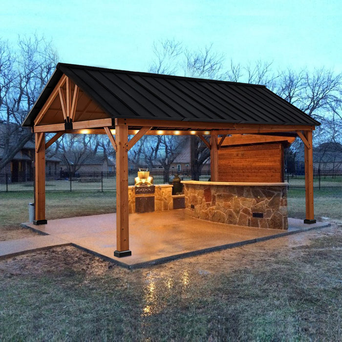 11' x 13' Hardtop Gazebo with Wooden Frame, Permanent Metal Roof Gazebo Canopy with Ceiling Hook for Garden, Patio & Backyard, Natural/Black