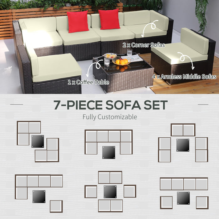 7 Piece Outdoor Patio Furniture Set Rattan Sectional Sofa with White Cushions for Backyard Garden