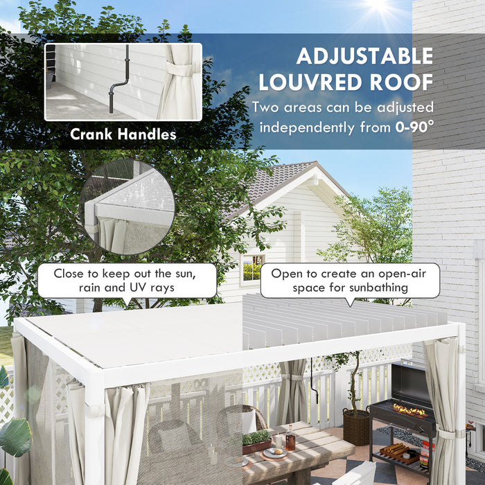 10x13 Aluminum Pergola, with 2 Adjustable Louvred Roofs,Curtains and Nettings, UV-Fighting and Waterproof, for Patio, Cream