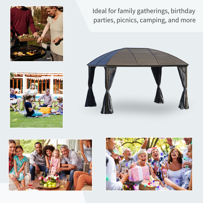 10x13 Gray Hardtop Gazebo with Steel Roof Curtains Netting Pavilion Ceiling Hook for Patio Garden