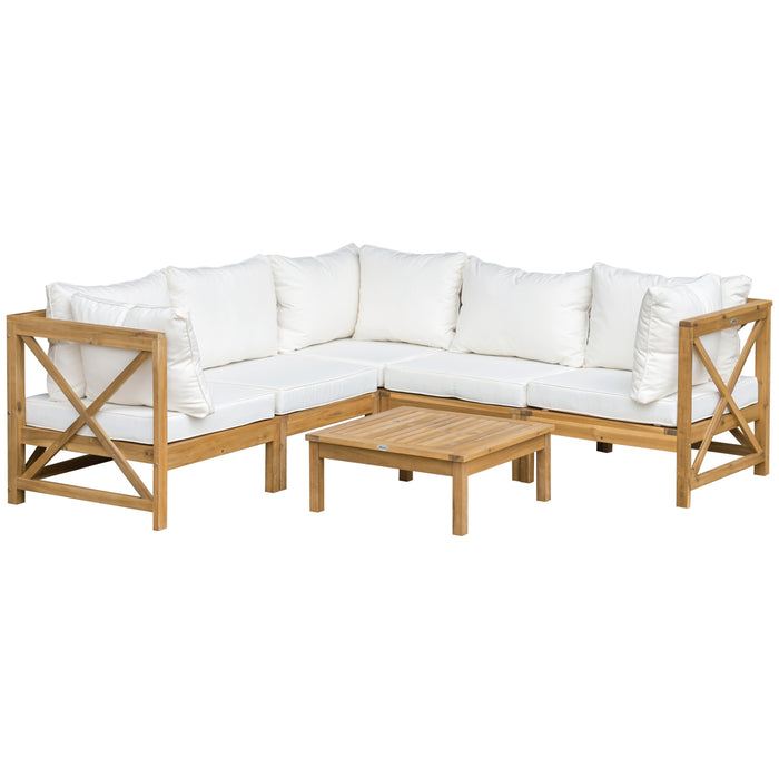 6-Piece Wooden Patio Sofa Sectional Set with Modular Design, Coffee Table, & 8 Pillows Included, Cream White