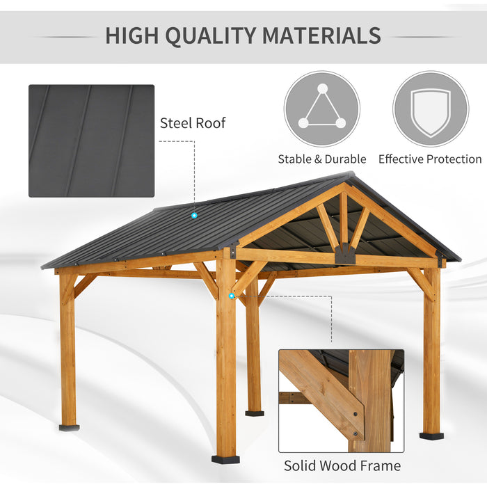 11' x 13' Hardtop Gazebo with Wooden Frame, Permanent Metal Roof Gazebo Canopy with Ceiling Hook for Garden, Patio & Backyard, Natural/Black