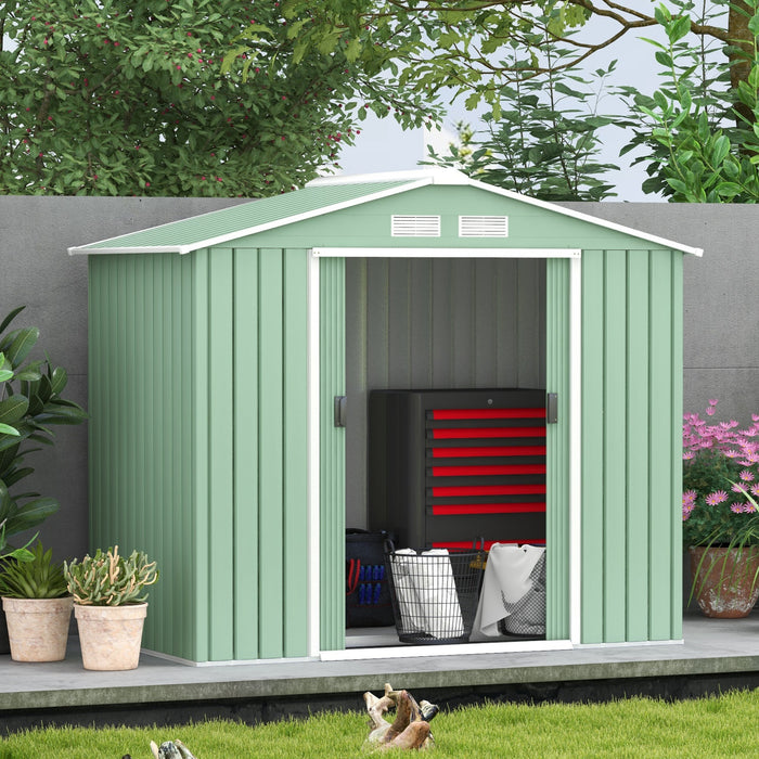 7' x 4' Outdoor Storage Shed, Garden Tool House with Foundation, Vents & Sliding Doors for Backyard Patio Lawn, Light Green