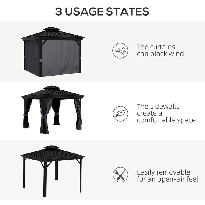 10x12 ft Hardtop Gazebo Pavilion Double Roof Aluminum Frame Sidewalls Dark Gray